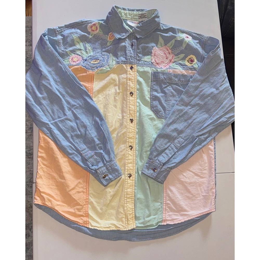 Styles To Go Button Down Shirt Womens 12 Multicolor Pastel Floral Embroidered - Picture 11 of 11
